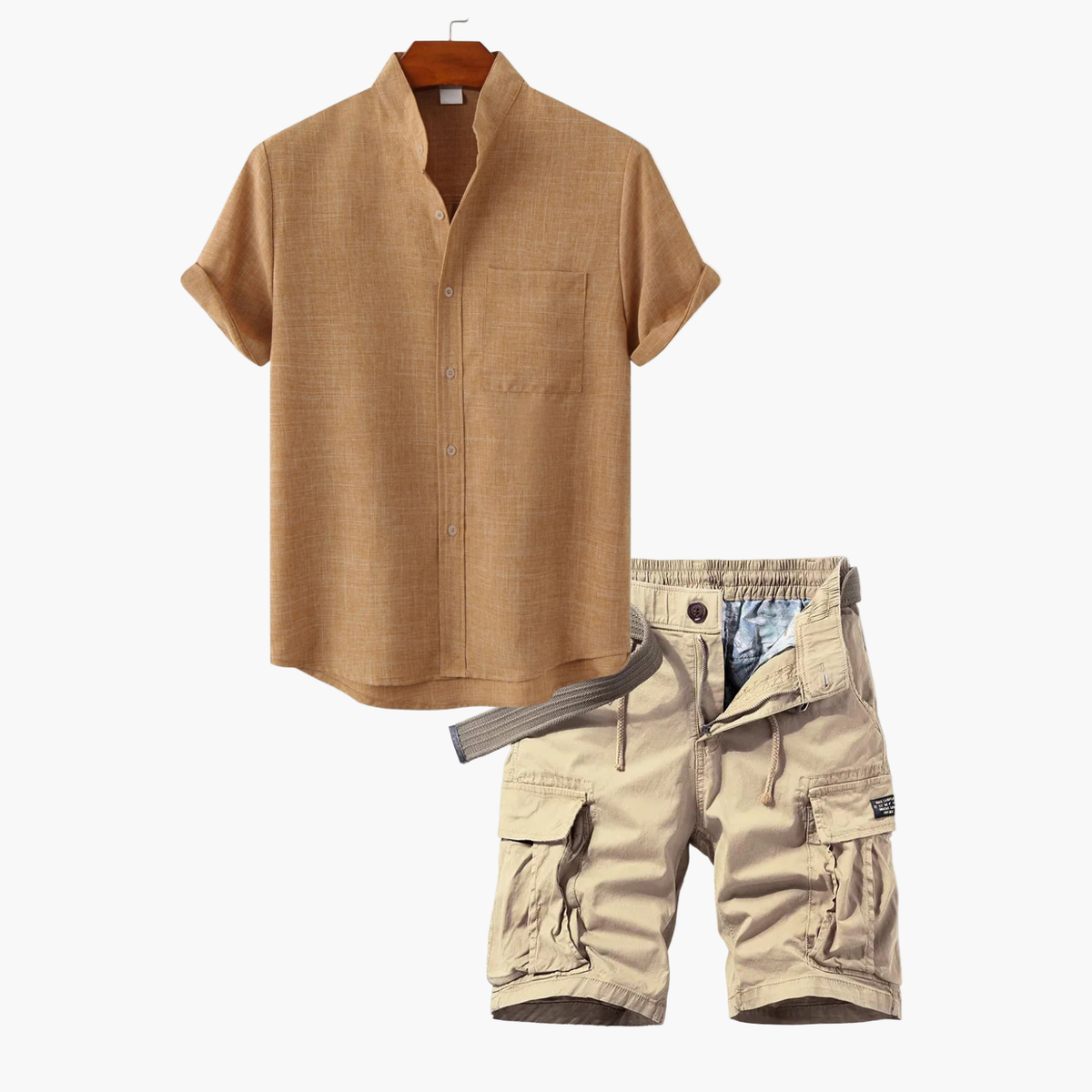 Ensemble homme col mao et short cargo - Kaki