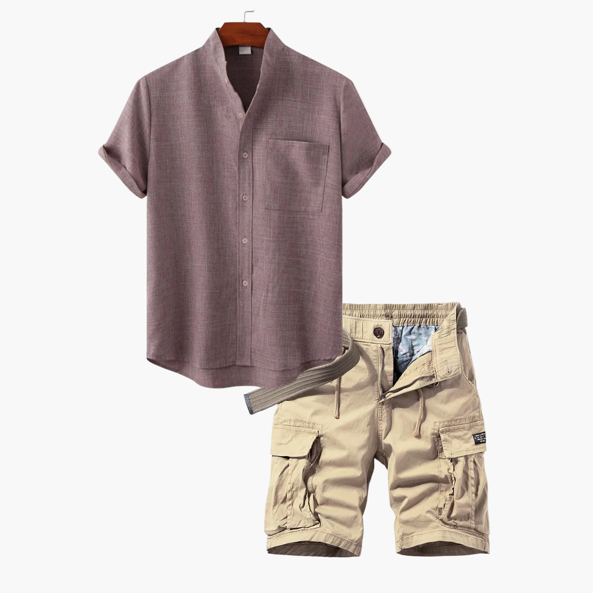 Ensemble homme col mao et short cargo - Rouge