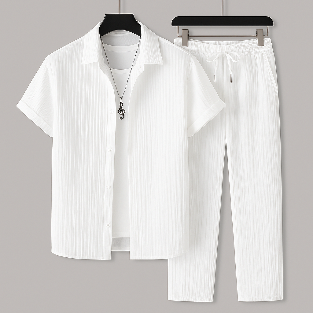 Ensemble homme effet lin chemise et pantalon a cordon - Leger et decontracte - Blanc