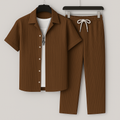 Ensemble homme effet lin chemise et pantalon a cordon - Leger et decontracte - Cafe