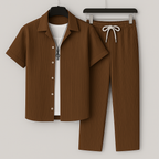 Ensemble homme effet lin chemise et pantalon a cordon - Leger et decontracte - Cafe