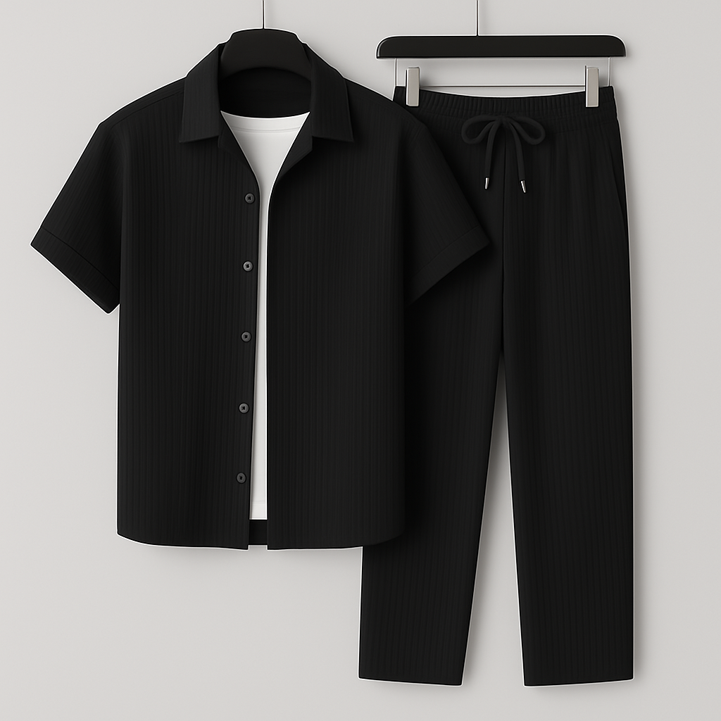 Ensemble homme effet lin chemise et pantalon a cordon - Leger et decontracte - Noir