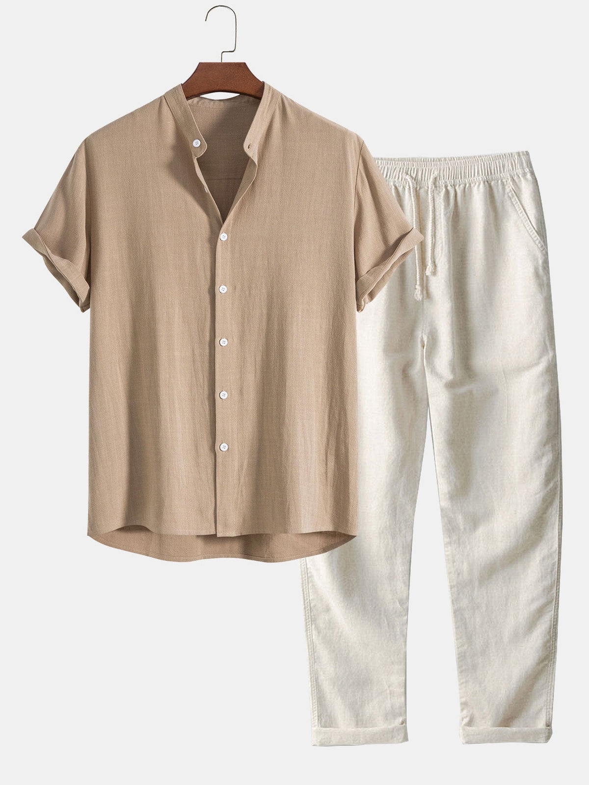 Ensemble Homme Été Coton Lin – Chemise Manches Courtes et Pantalon Décontracté - Beige
