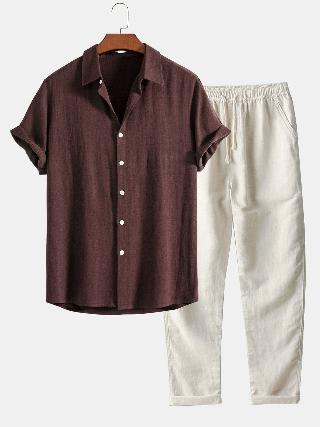 Ensemble Homme Été Coton Lin – Chemise Manches Courtes et Pantalon Décontracté - Brun café