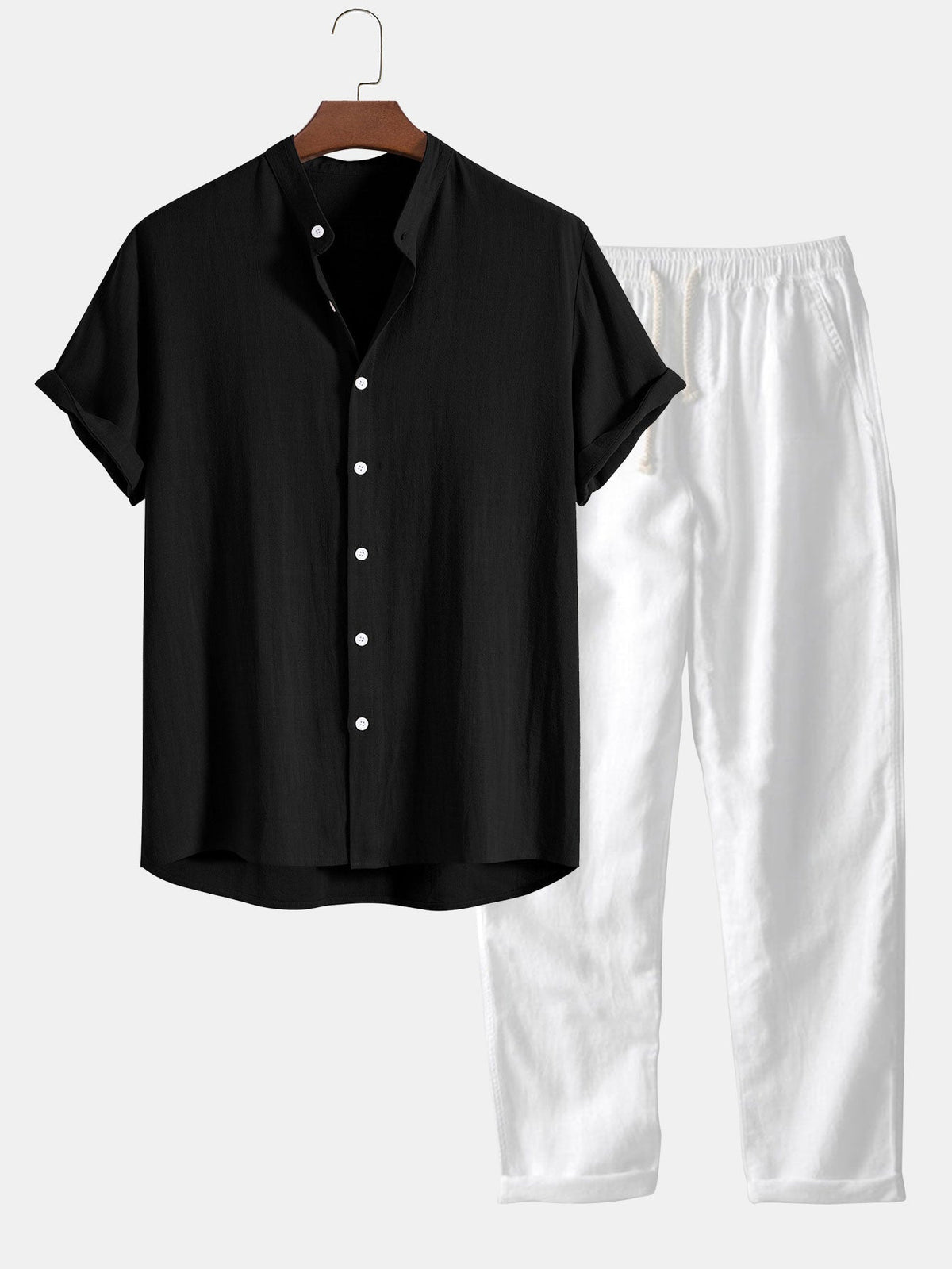 Ensemble Homme Été Coton Lin – Chemise Manches Courtes et Pantalon Décontracté - Noir