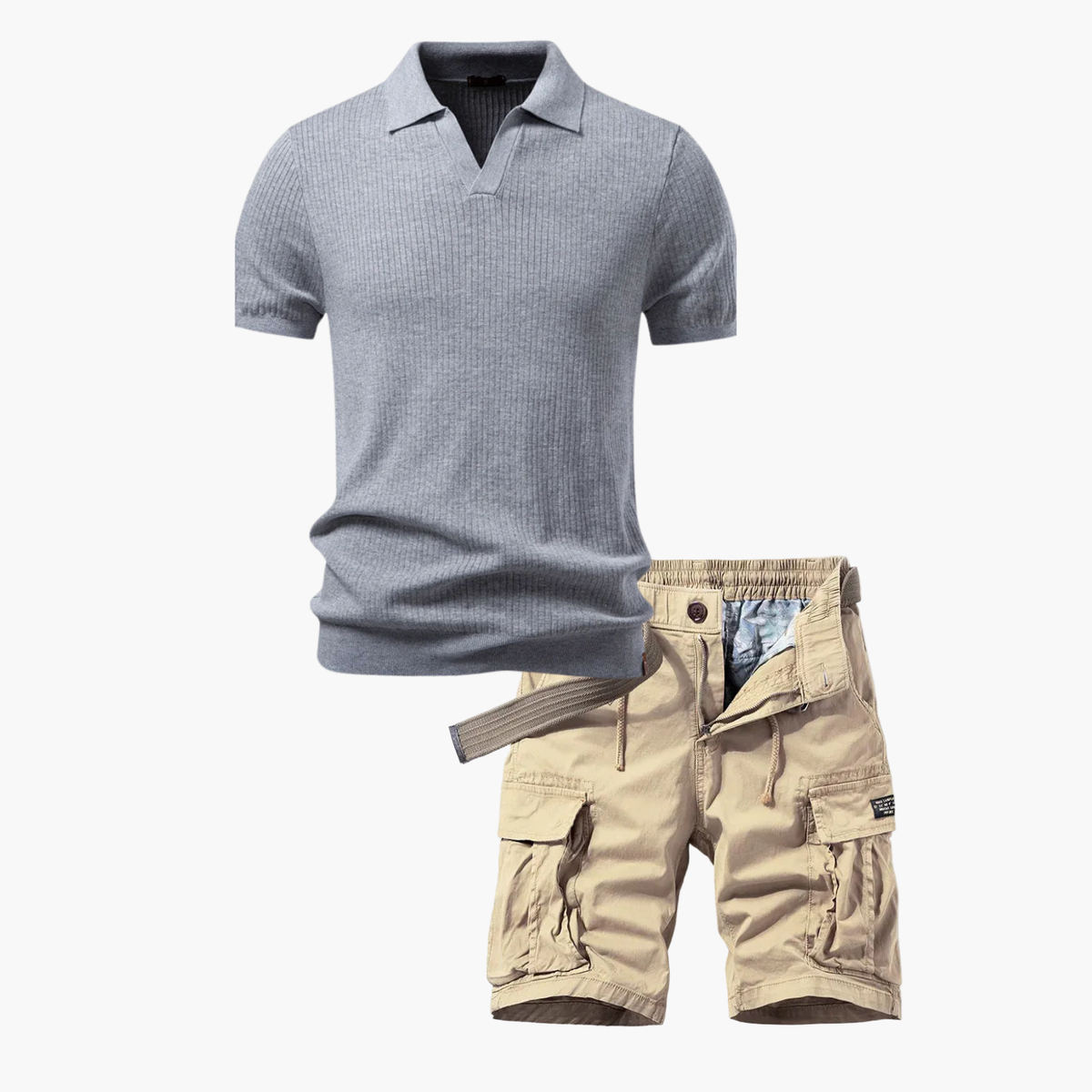 Ensemble homme polo à côtes et cargo - Gris
