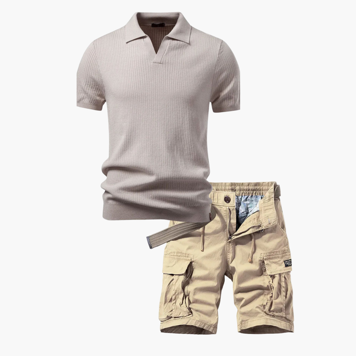 Ensemble homme polo à côtes et cargo - Kaki