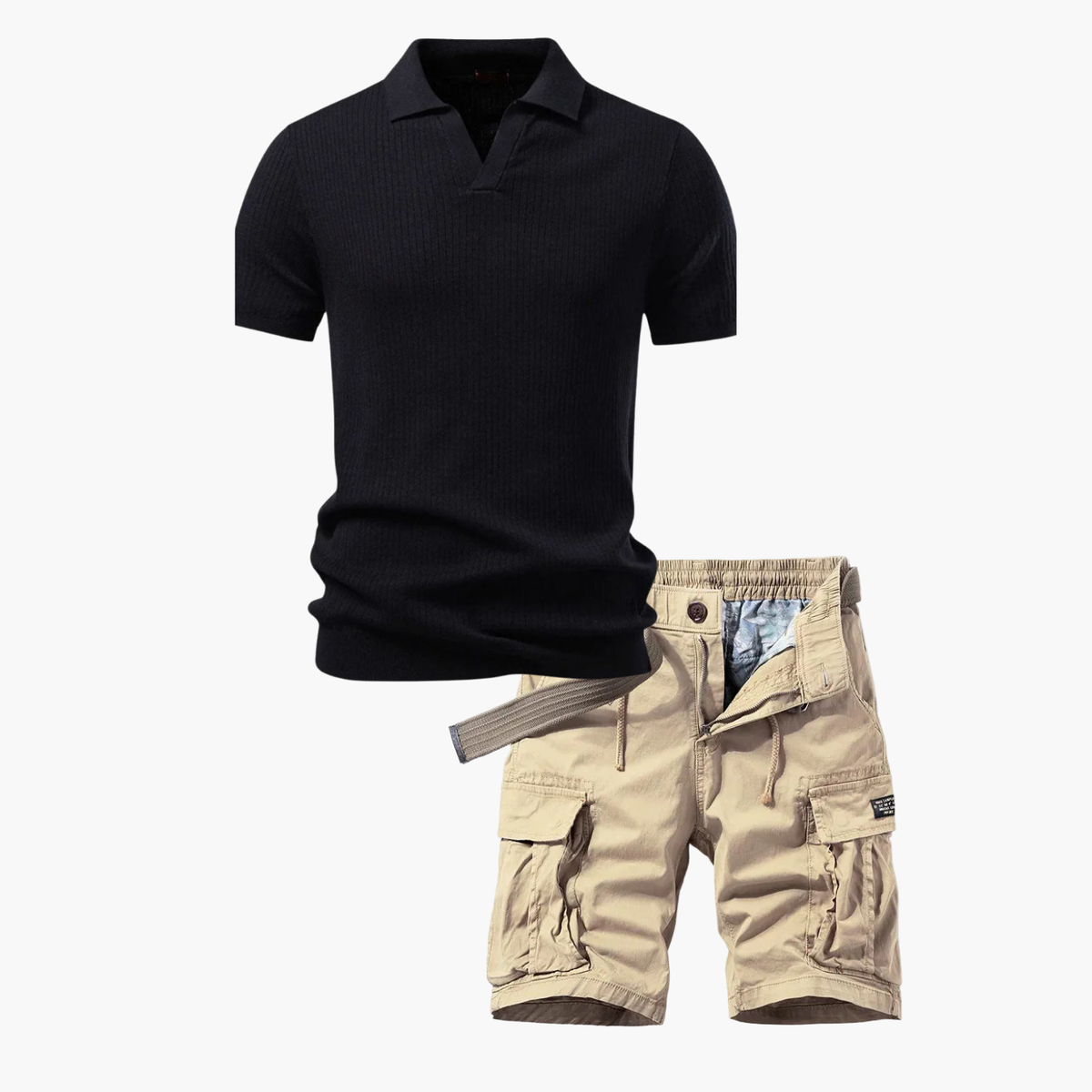 Ensemble homme polo à côtes et cargo - Noir