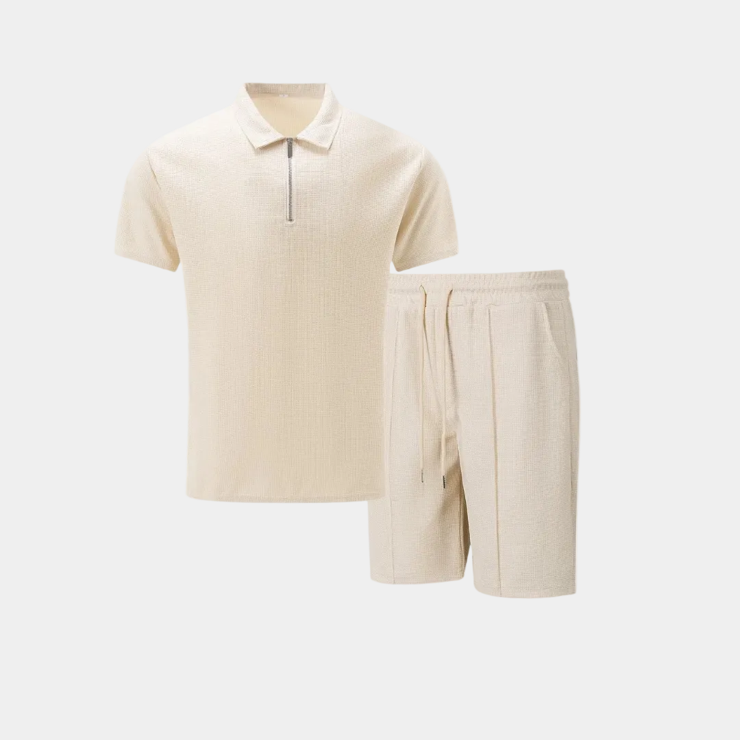 Ensemble homme polo demi-zip et short - Beige