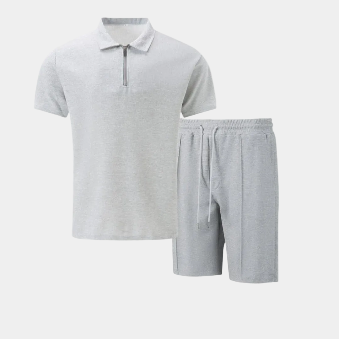 Ensemble homme polo demi-zip et short - Gris