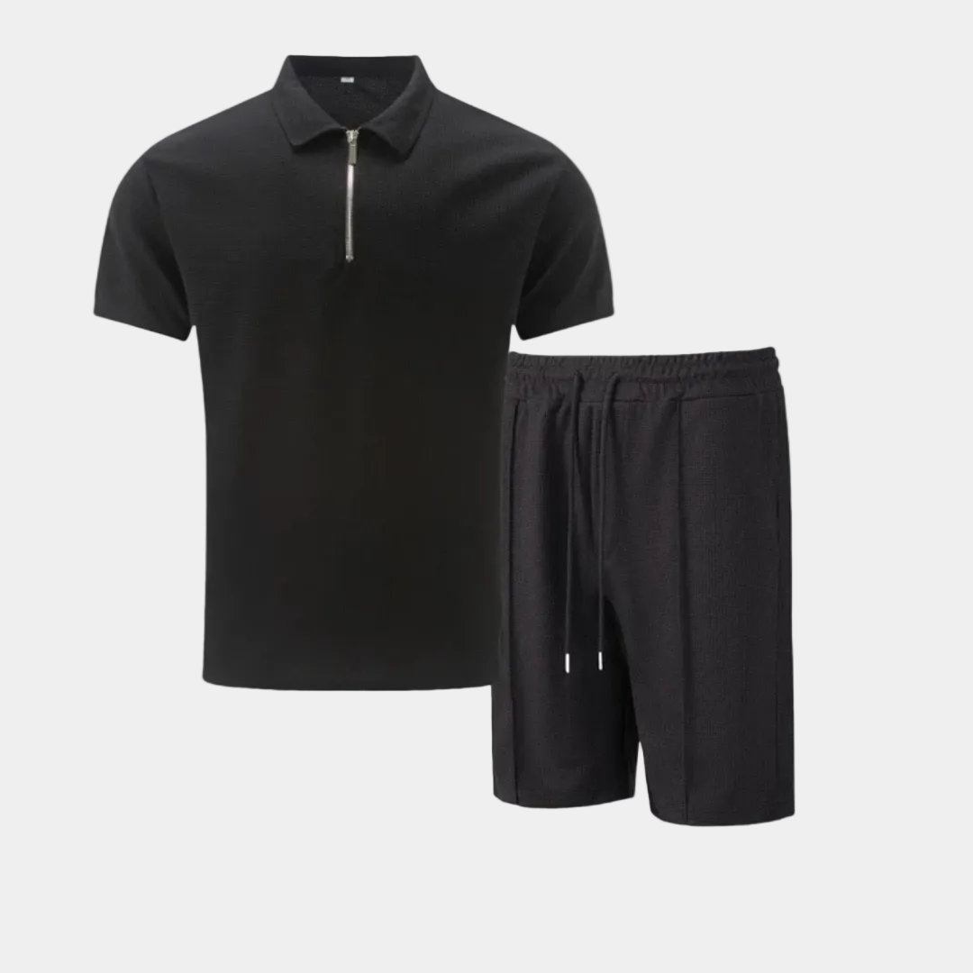 Ensemble homme polo demi-zip et short - Noir