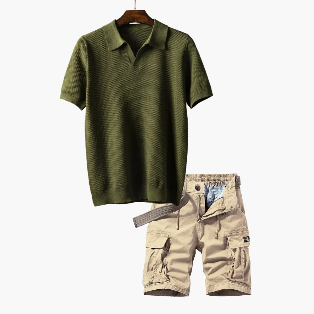 Ensemble homme polo maille cargo - Vert armée