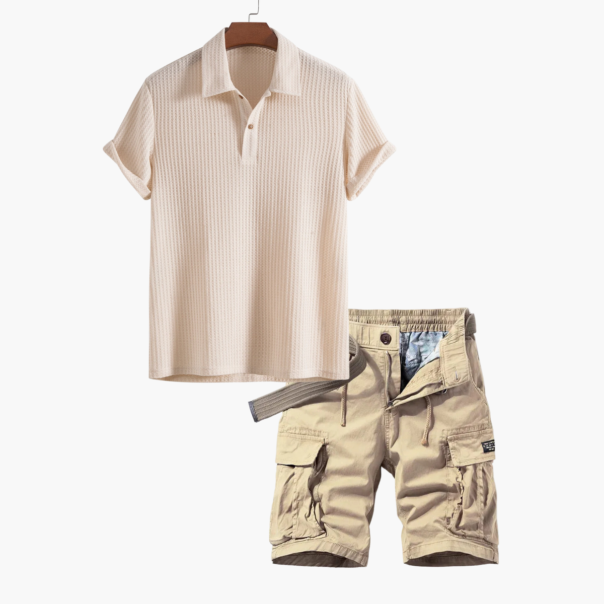 Ensemble homme polo texturé et cargo - Beige