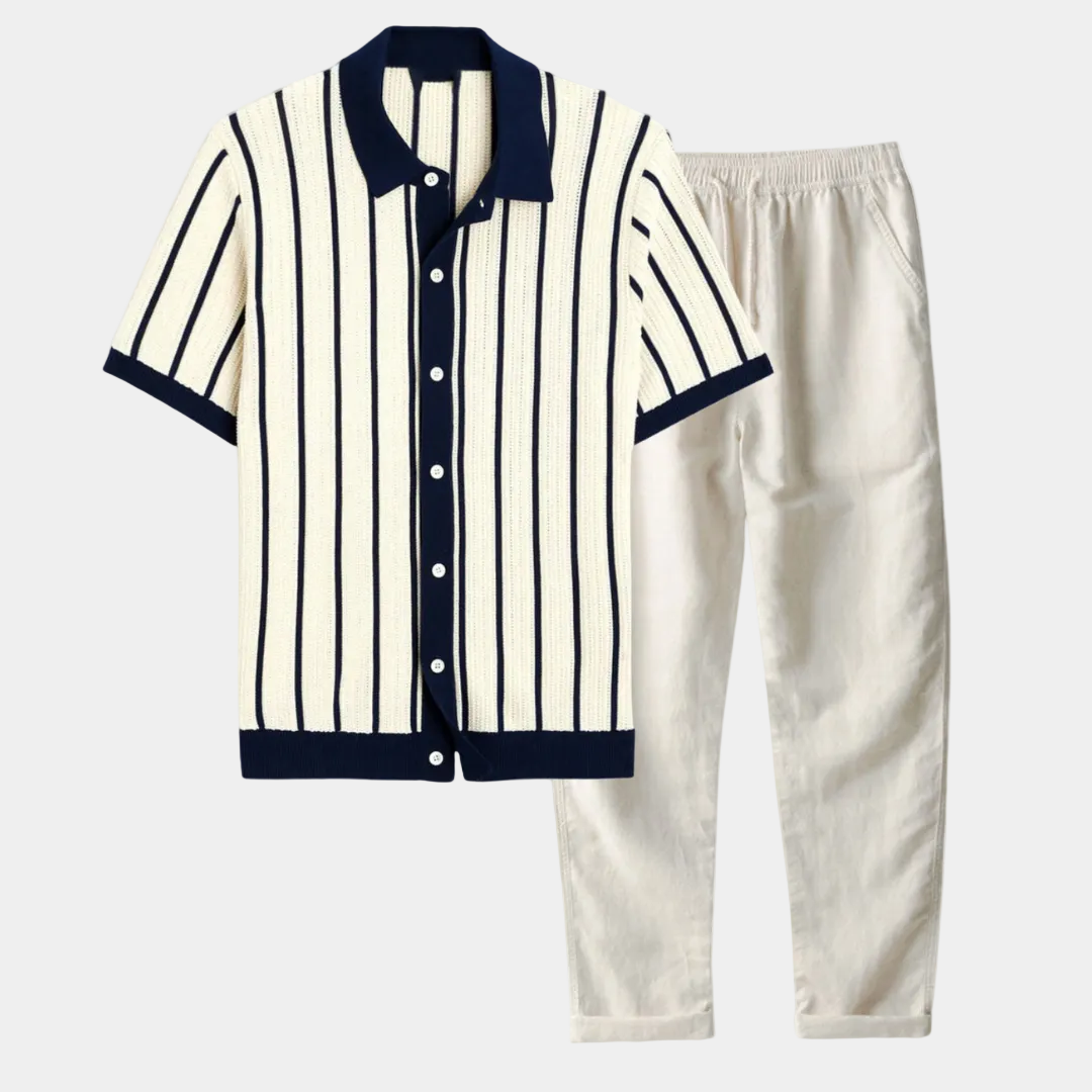 Ensemble homme rayé boutonné - Bleu marine