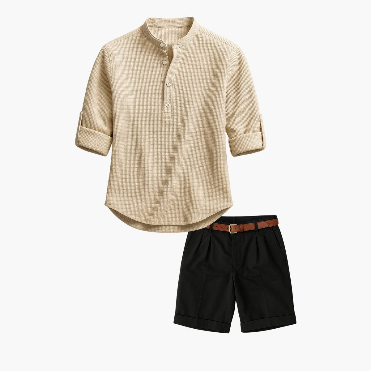Ensemble homme tunique col mao et short - Beige