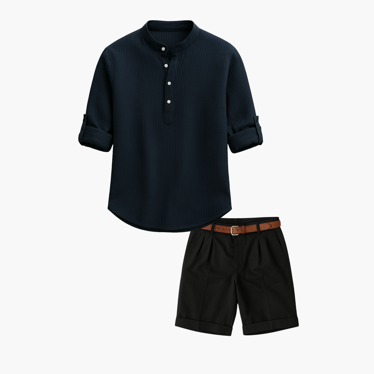 Ensemble homme tunique col mao et short - Bleu marine