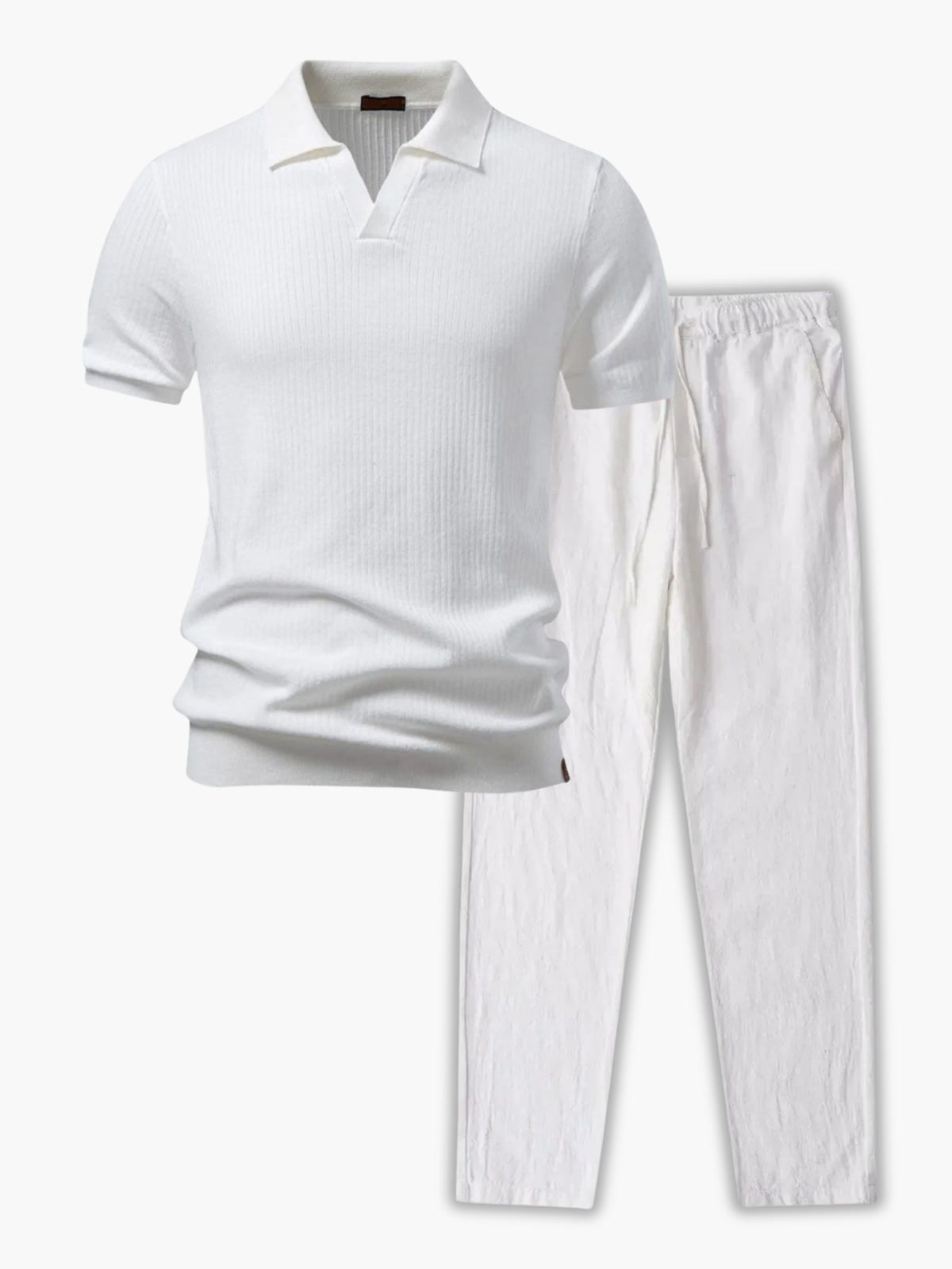 Ensemble Polo à Côtes et Pantalon à Cordon - Blanc