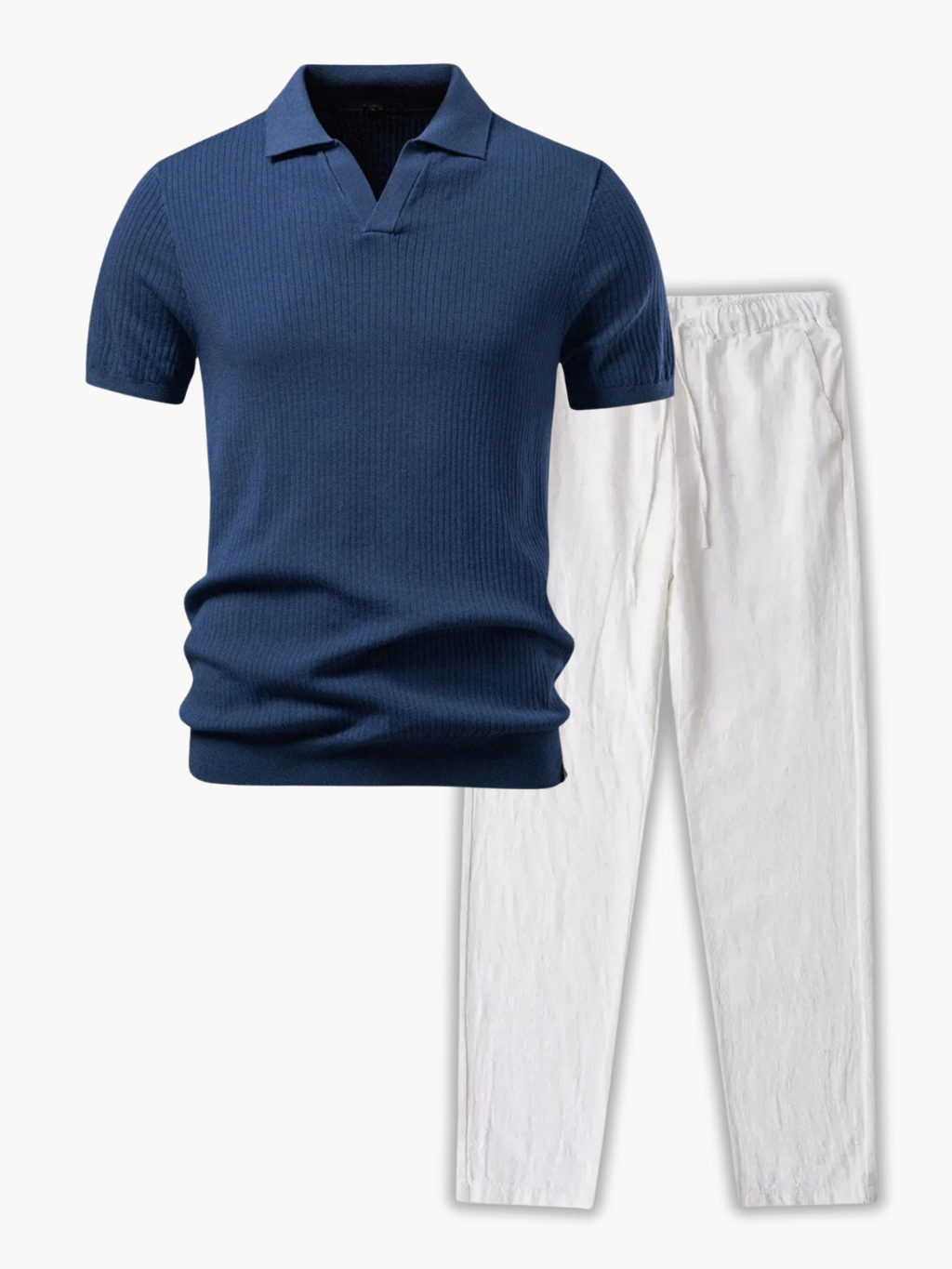 Ensemble Polo à Côtes et Pantalon à Cordon - Bleu marine