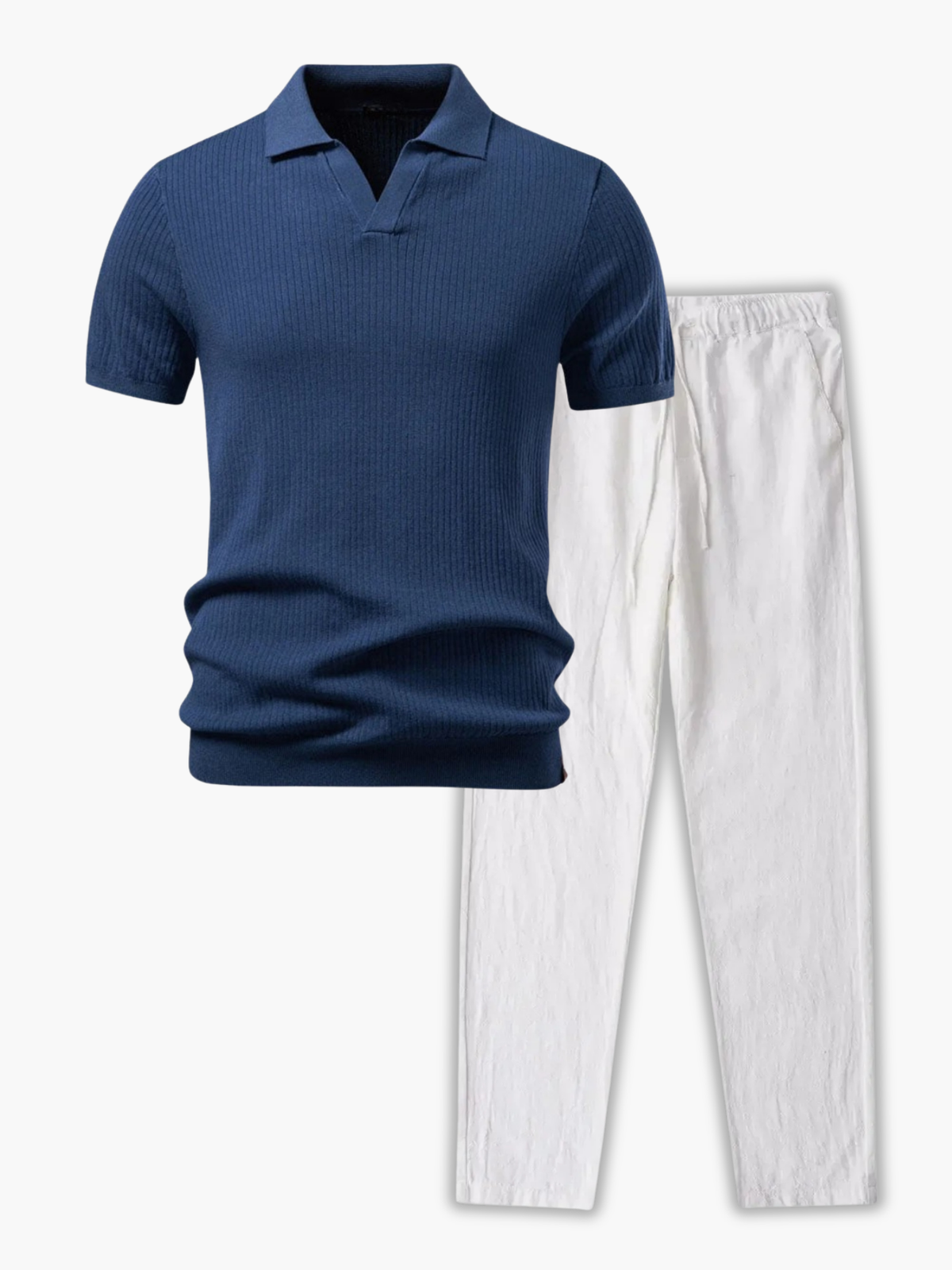 Ensemble Polo à Côtes et Pantalon à Cordon - Bleu marine