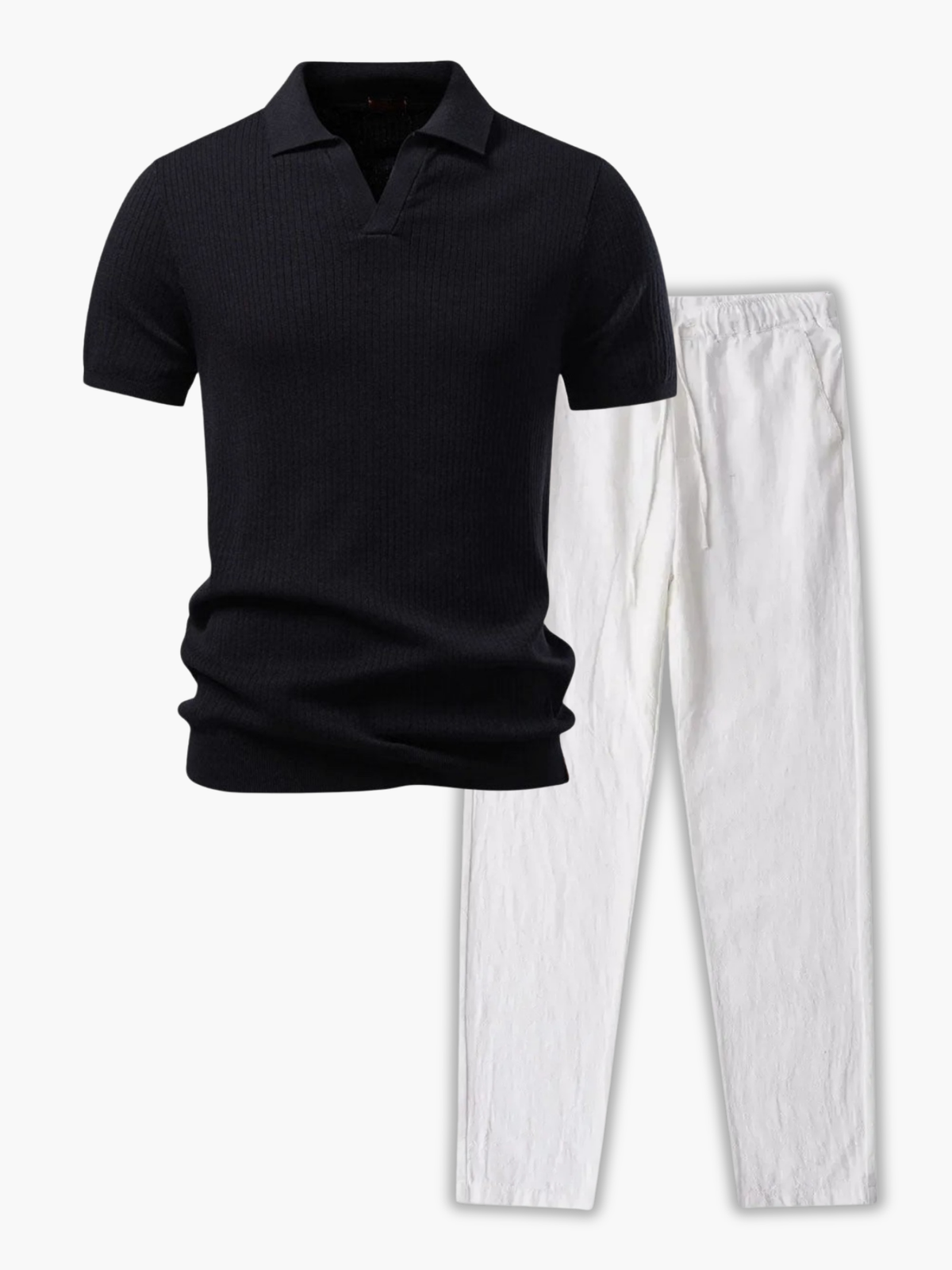 Ensemble Polo à Côtes et Pantalon à Cordon - Noir