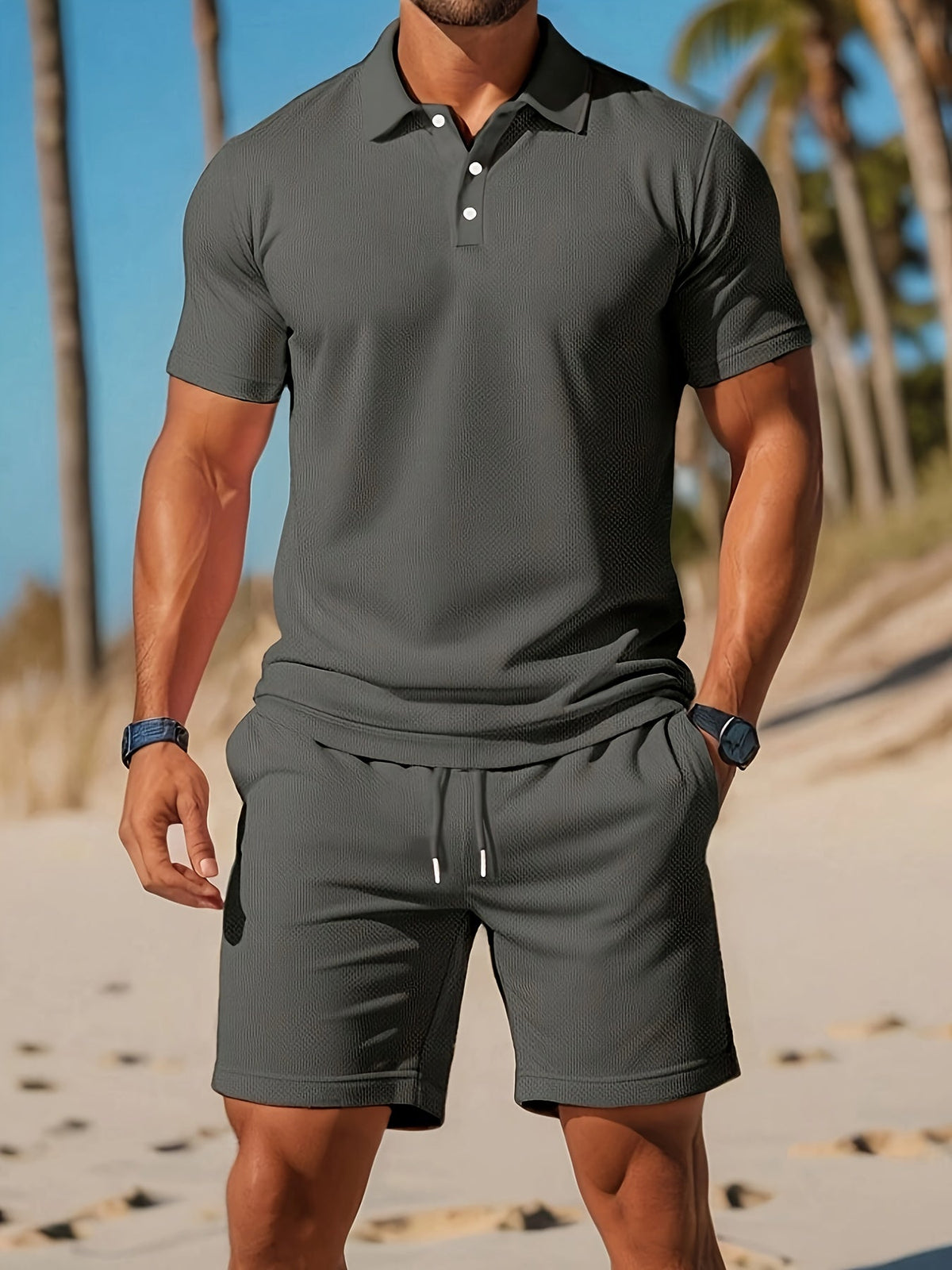 Ensemble Polo et Shorts Homme Couleur Unie – Tenue Décontractée d’Été Élégante - Gris foncé