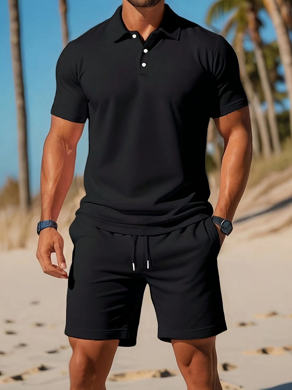Ensemble Polo et Shorts Homme Couleur Unie – Tenue Décontractée d’Été Élégante - Noir