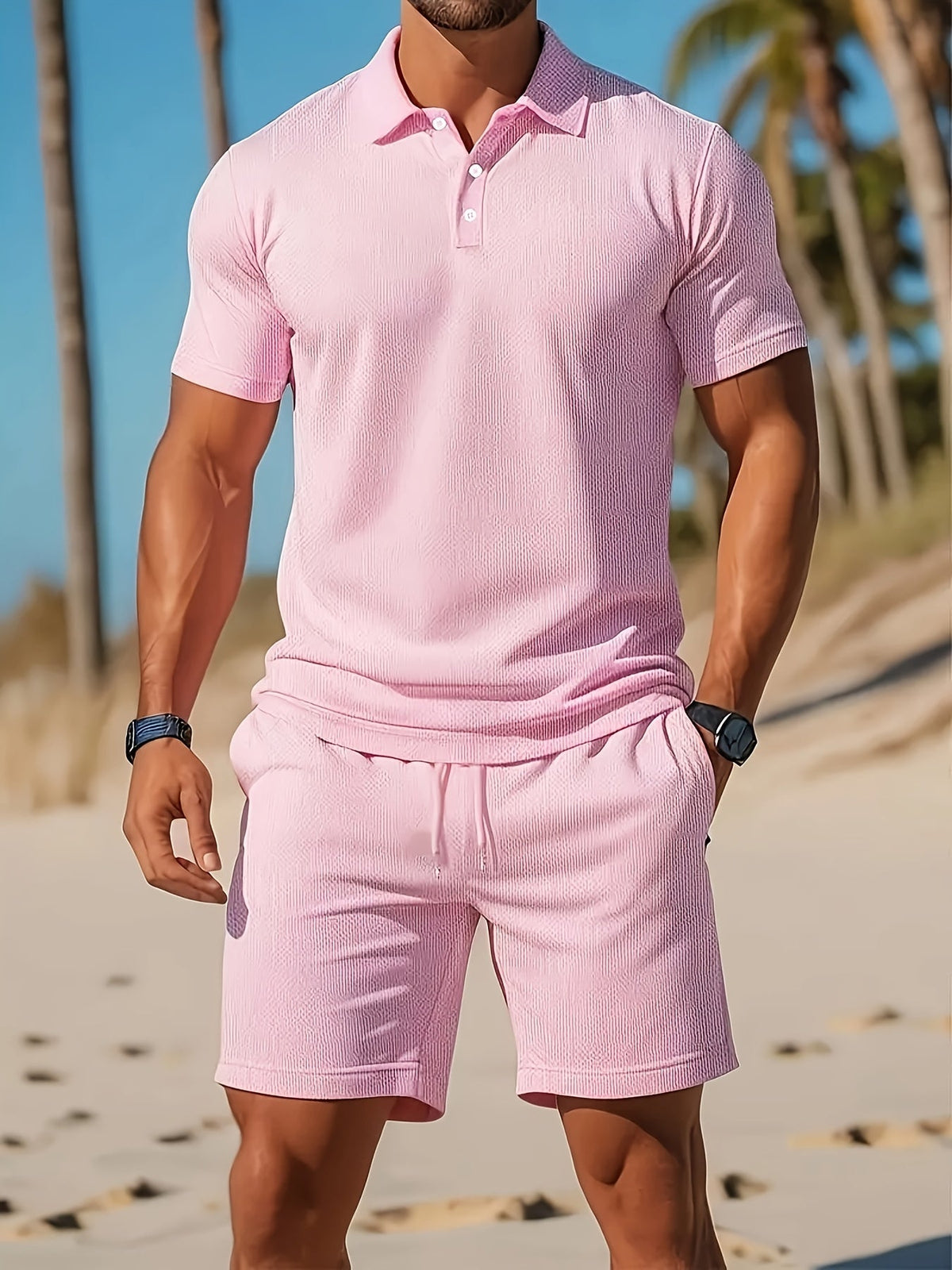 Ensemble Polo et Shorts Homme Couleur Unie – Tenue Décontractée d’Été Élégante - Rose clair