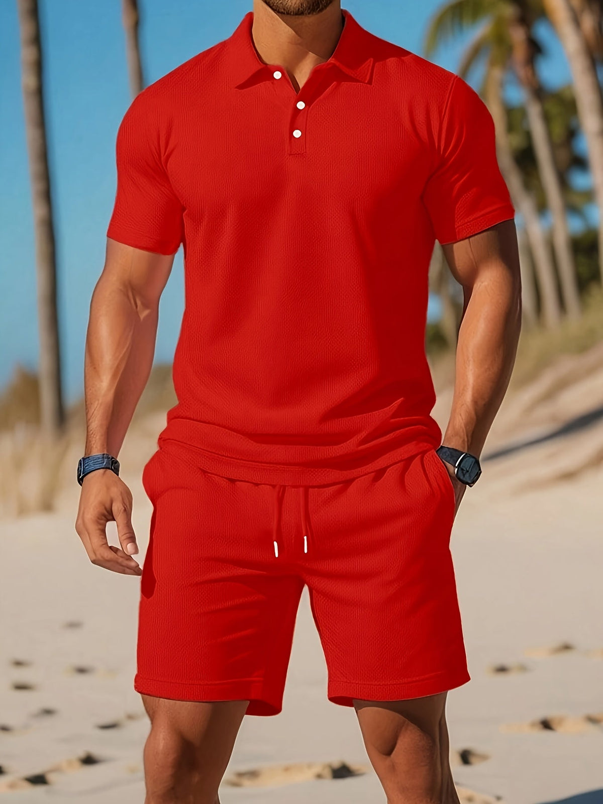 Ensemble Polo et Shorts Homme Couleur Unie – Tenue Décontractée d’Été Élégante - Rouge