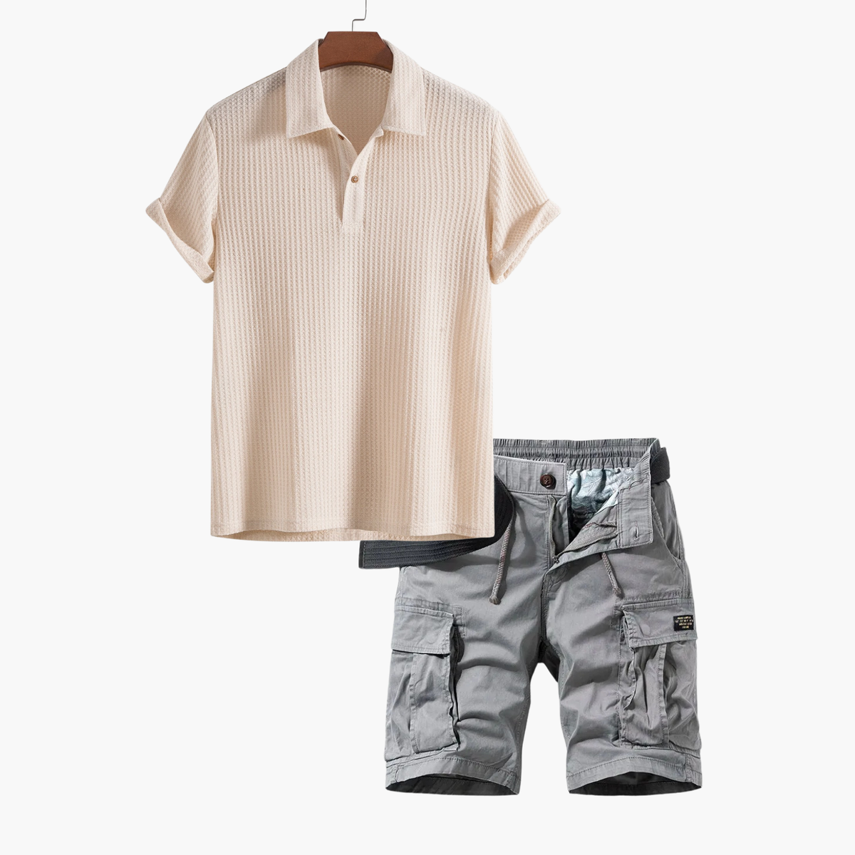 Ensemble polo nid d'abeille et shorts cargo hommes - Beige