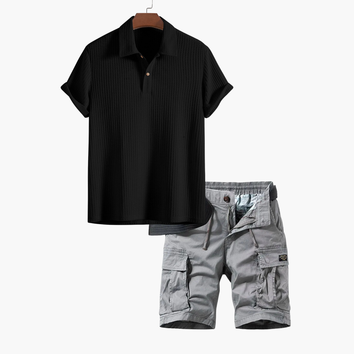 Ensemble polo nid d'abeille et shorts cargo hommes - Noir