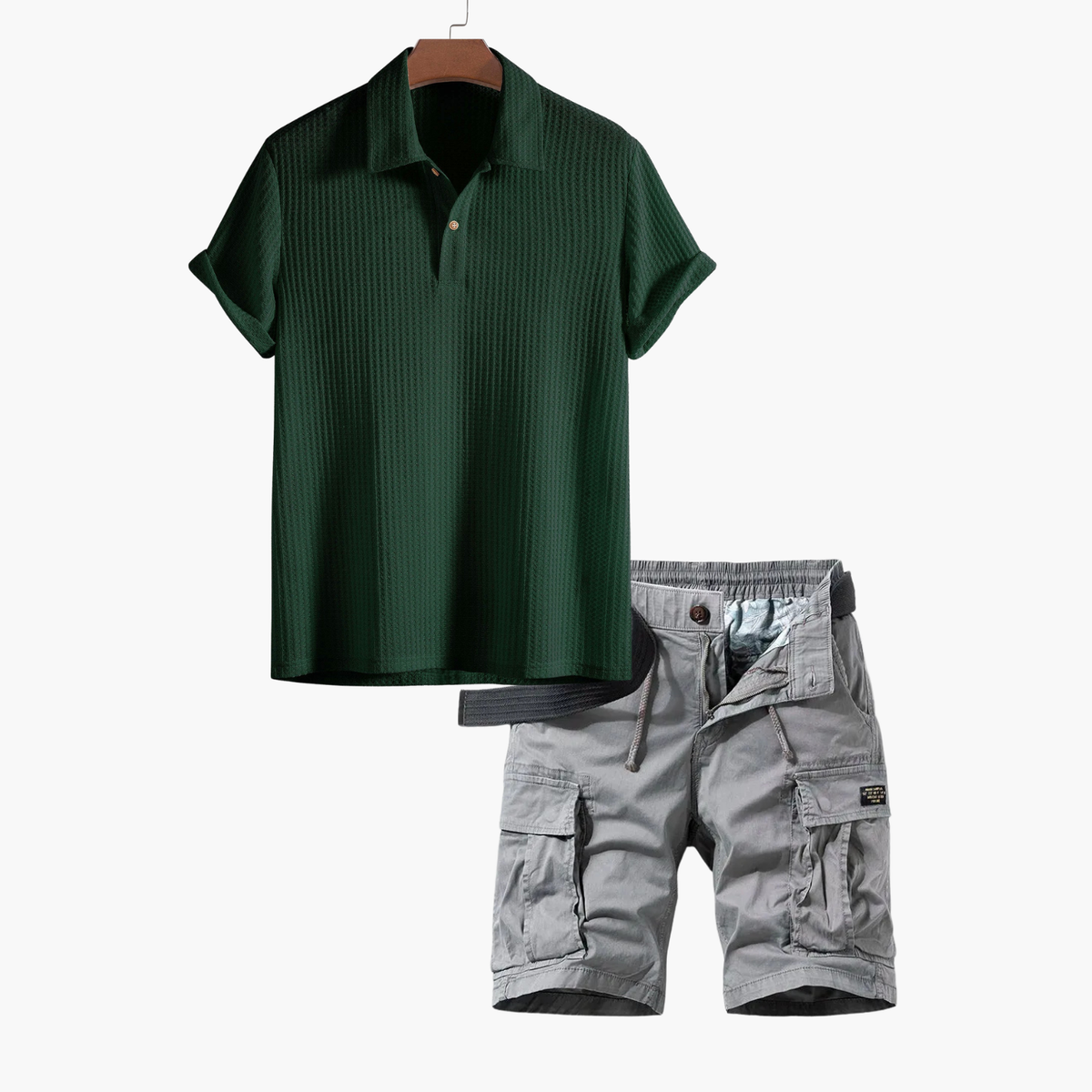 Ensemble polo nid d'abeille et shorts cargo hommes - Vert