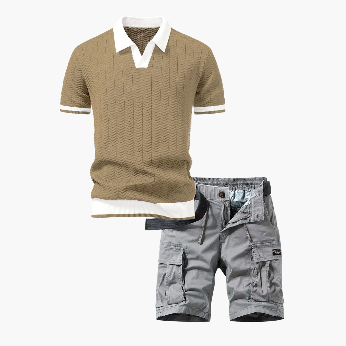 Ensemble polo texturé et short cargo homme - Kaki