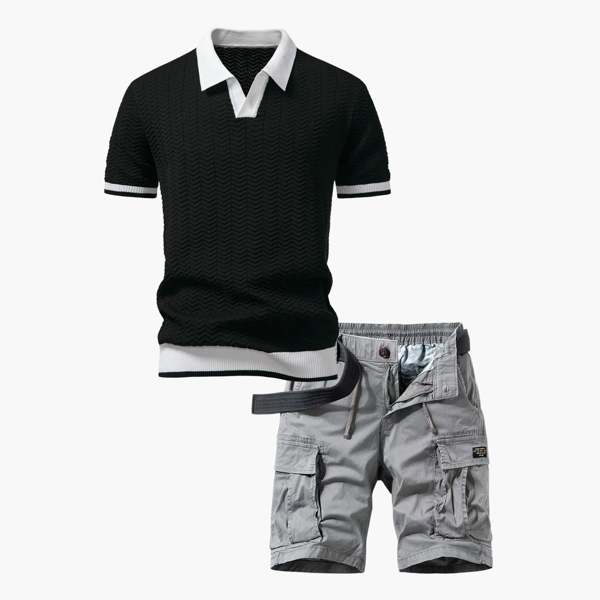 Ensemble polo texturé et short cargo homme - Noir