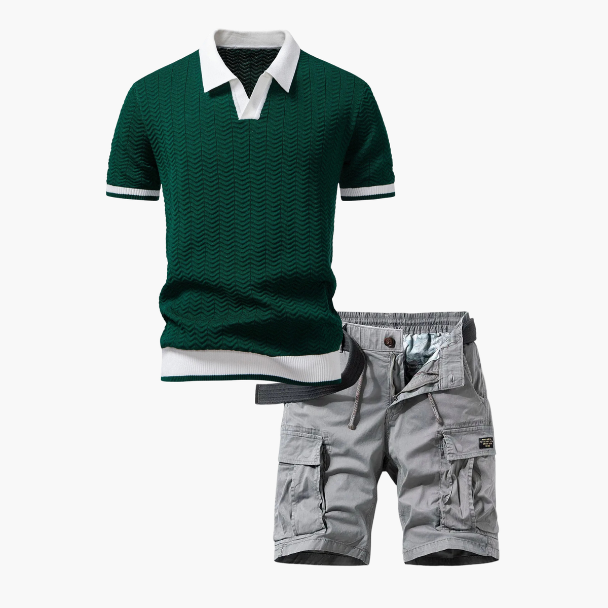 Ensemble polo texturé et short cargo homme - Vert