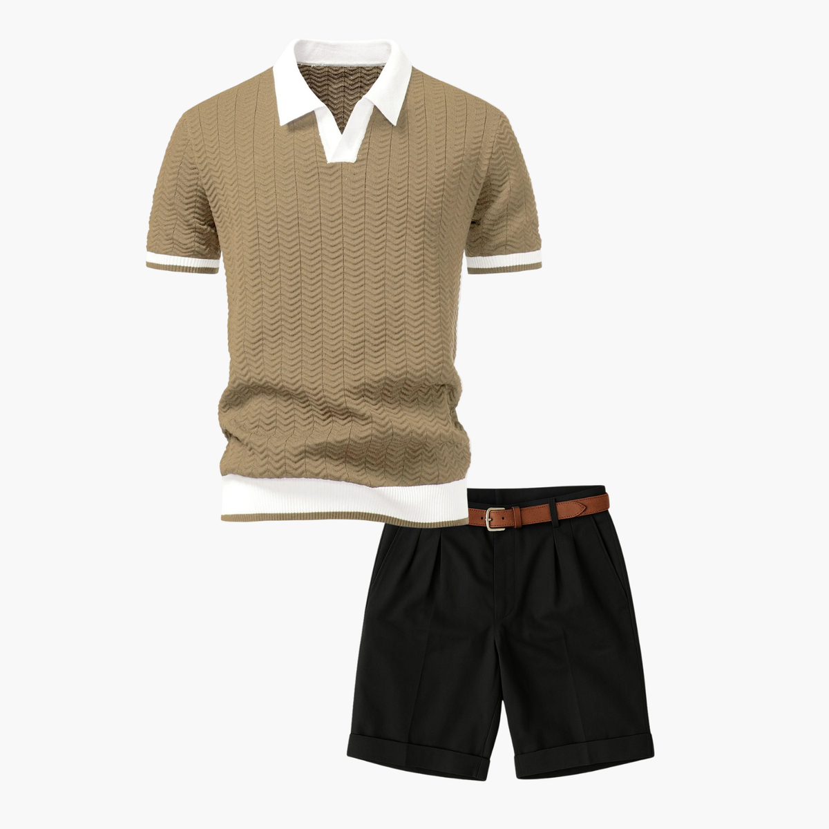 Ensemble Polo Texturé Homme et Short - Beige