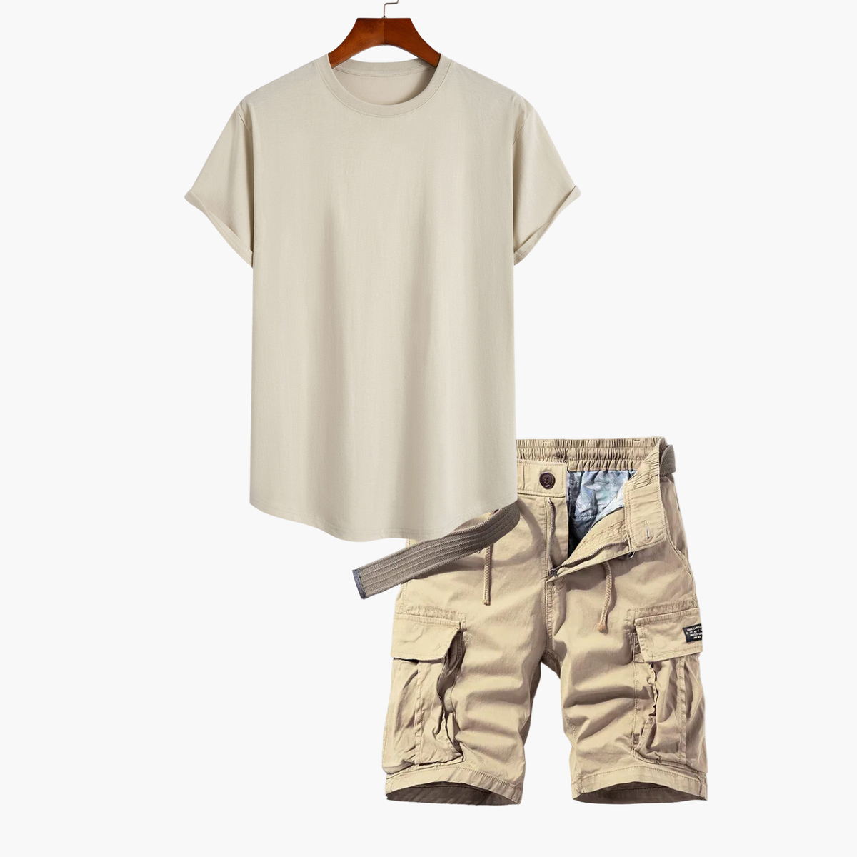 Ensemble T-shirt et shorts cargo pour hommes - Beige