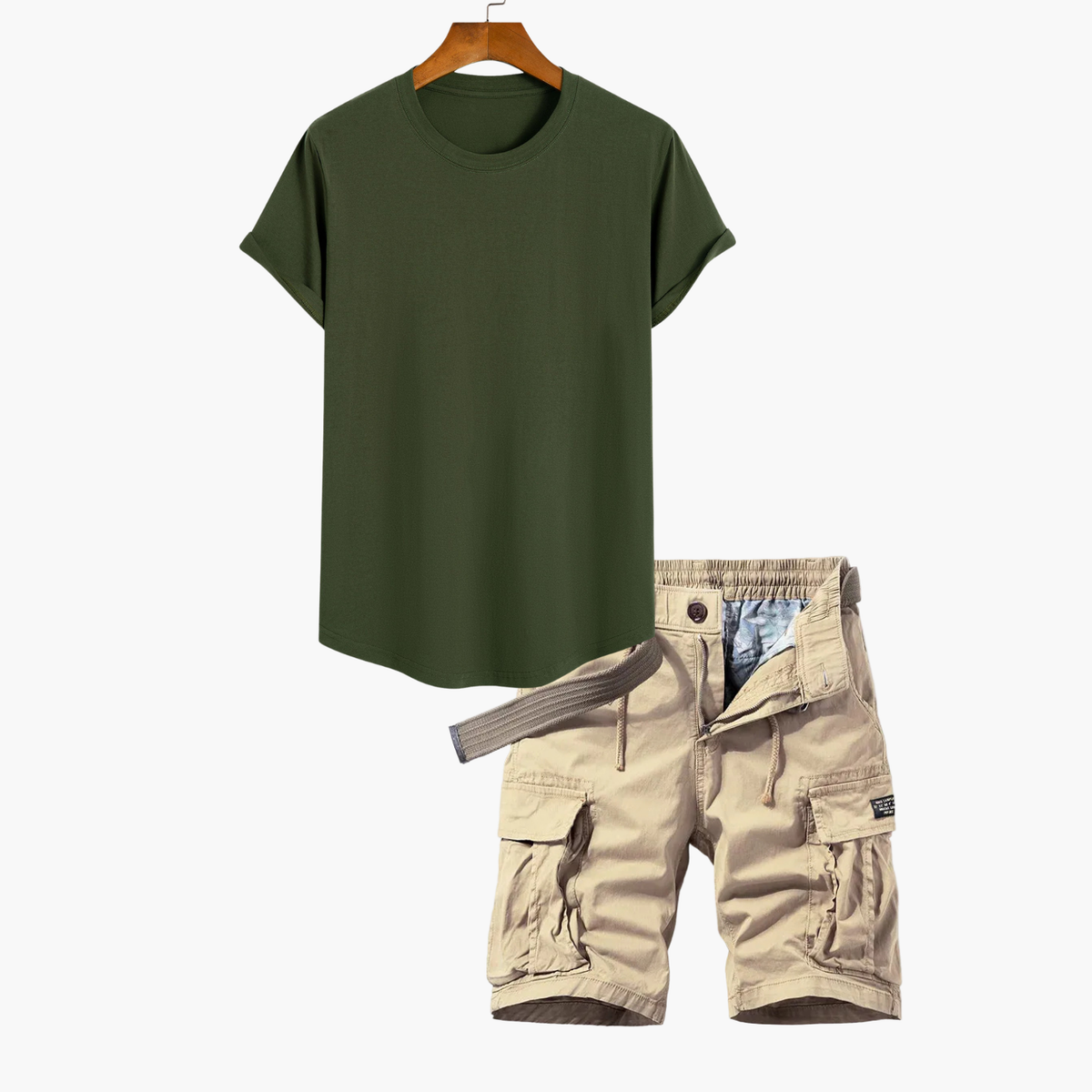 Ensemble T-shirt et shorts cargo pour hommes - Vert armée