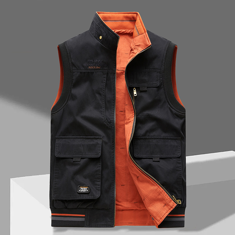 Gilet Réversible en Coton Homme – Gilet d’Extérieur de Luxe avec Multi-Poches - Noir Orange