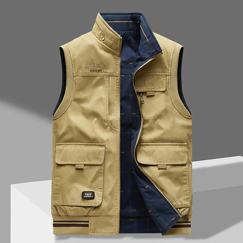 Gilet Utilitaire Premium Réversible Homme – Gilet en Coton à Poches Multiples - Bleu Kaki