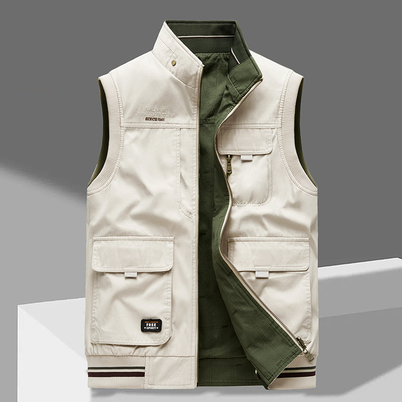 Gilet Utilitaire Premium Réversible Homme – Gilet en Coton à Poches Multiples - Vert Beige