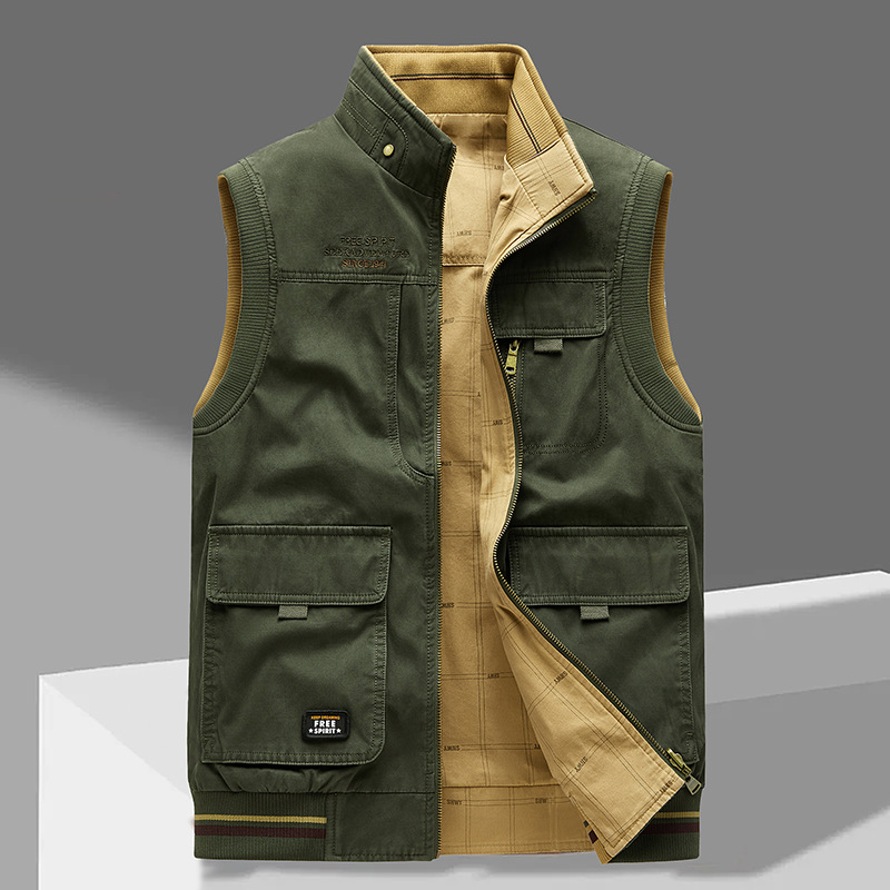 Gilet Utilitaire Premium Réversible Homme – Gilet en Coton à Poches Multiples - Vert Kaki