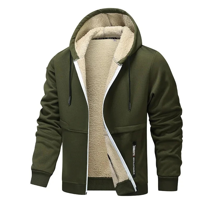 Hoodie Homme Zip Sherpa Doublé – Veste Décontractée Chaude Premium - Vert armée
