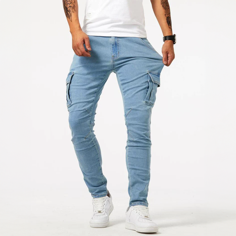 Jean cargo extensible pour hommes – Pantalon décontracté ajusté en denim - Bleu