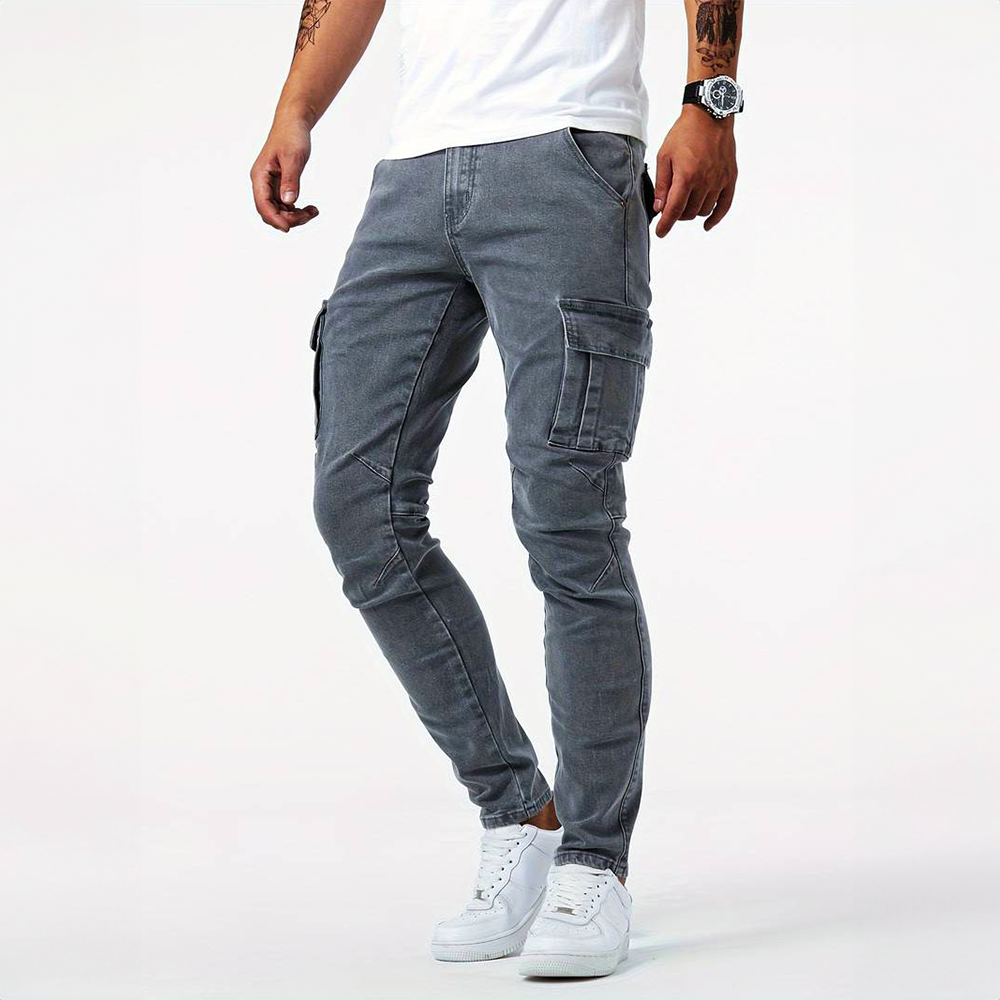 Jean cargo extensible pour hommes – Pantalon décontracté ajusté en denim - Gris