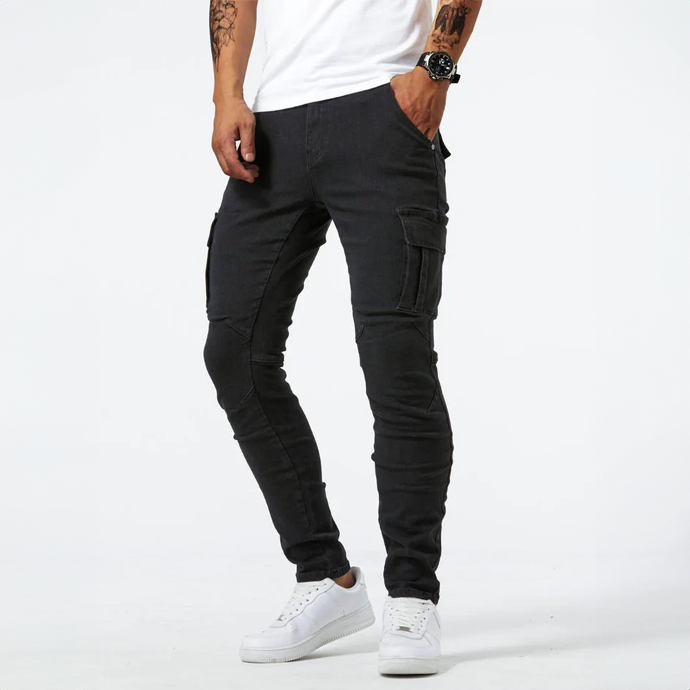 Jean cargo extensible pour hommes – Pantalon décontracté ajusté en denim - Noir