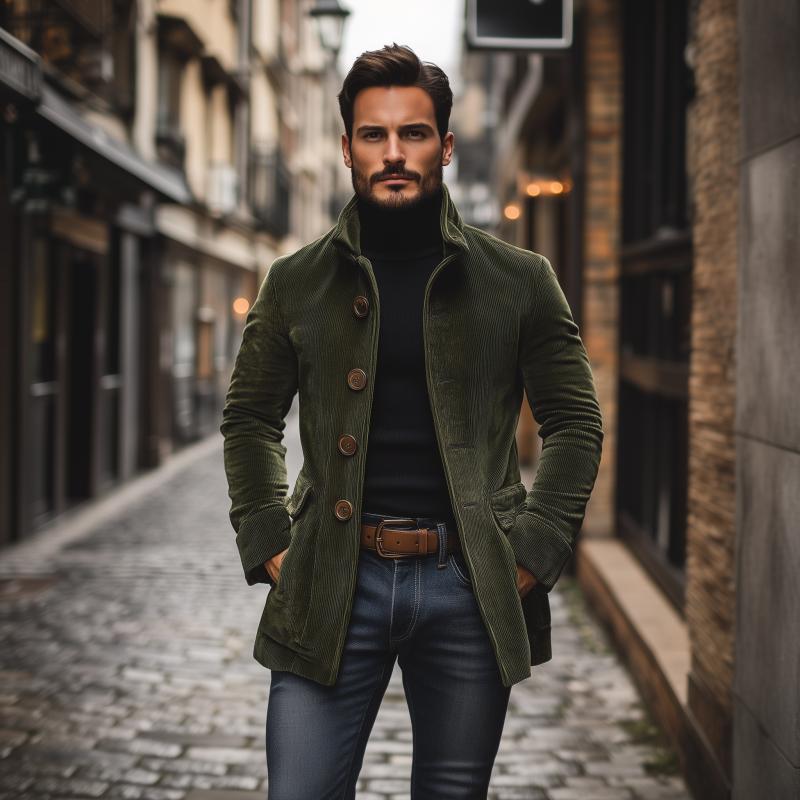 Manteau court ajusté en velours côtelé à col montant pour homme - image 3