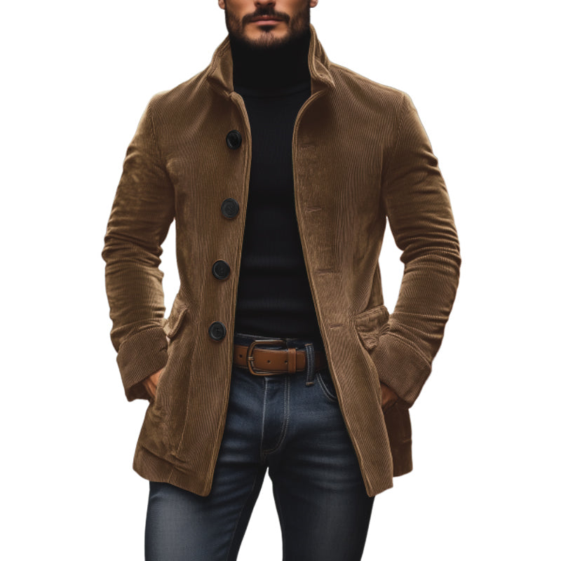 Manteau court ajusté en velours côtelé à col montant pour homme - Marron clair