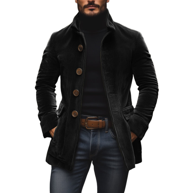 Manteau court ajusté en velours côtelé à col montant pour homme - Noir