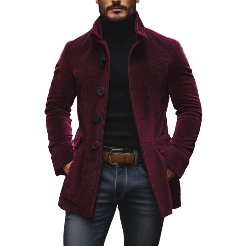 Manteau court ajusté en velours côtelé à col montant pour homme - Vin Rouge