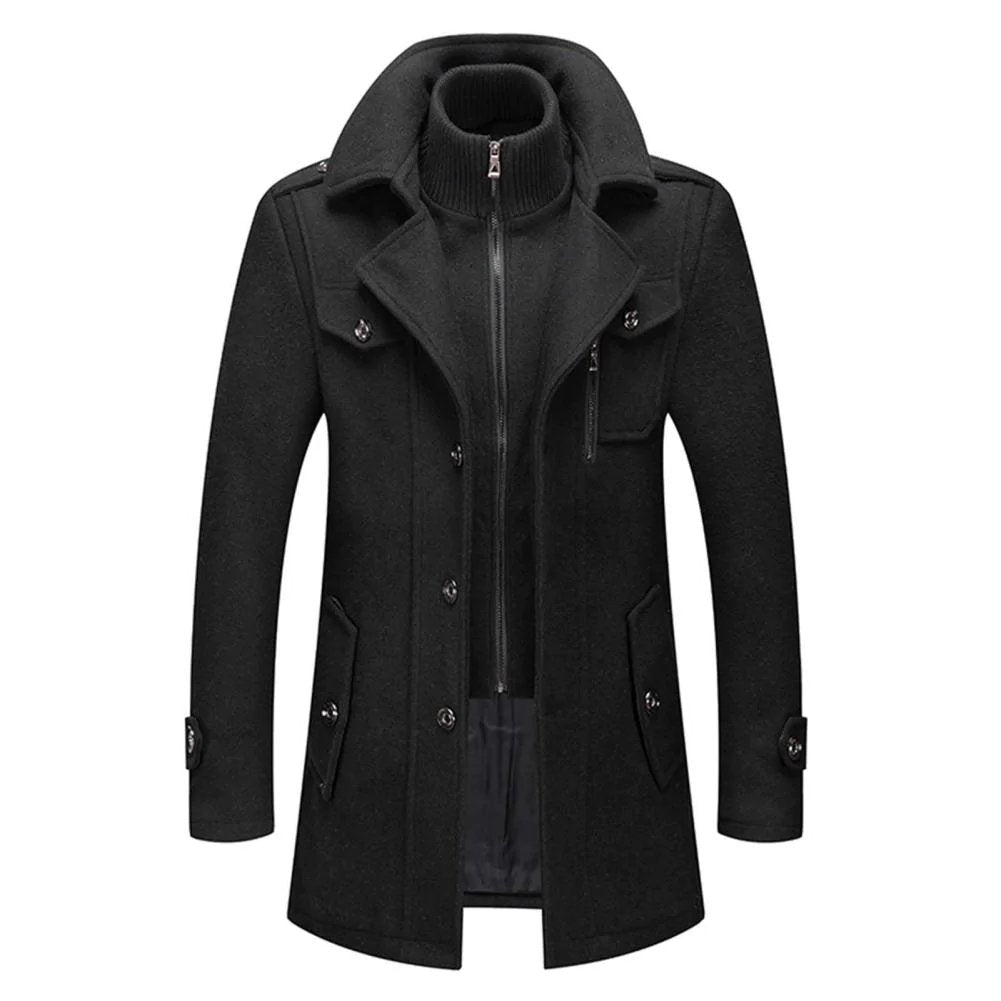 Manteau en Laine Double Couche Premium pour Homme – Pardessus Épais à Boutonnage Simple - Noir